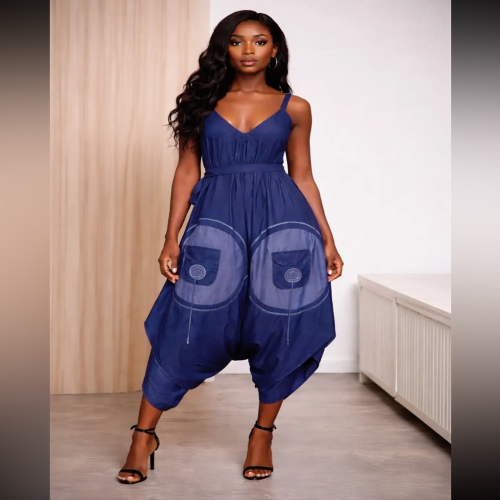 Light Denim Sleeveless Harem Jumpsuit - Picture 2 of 6